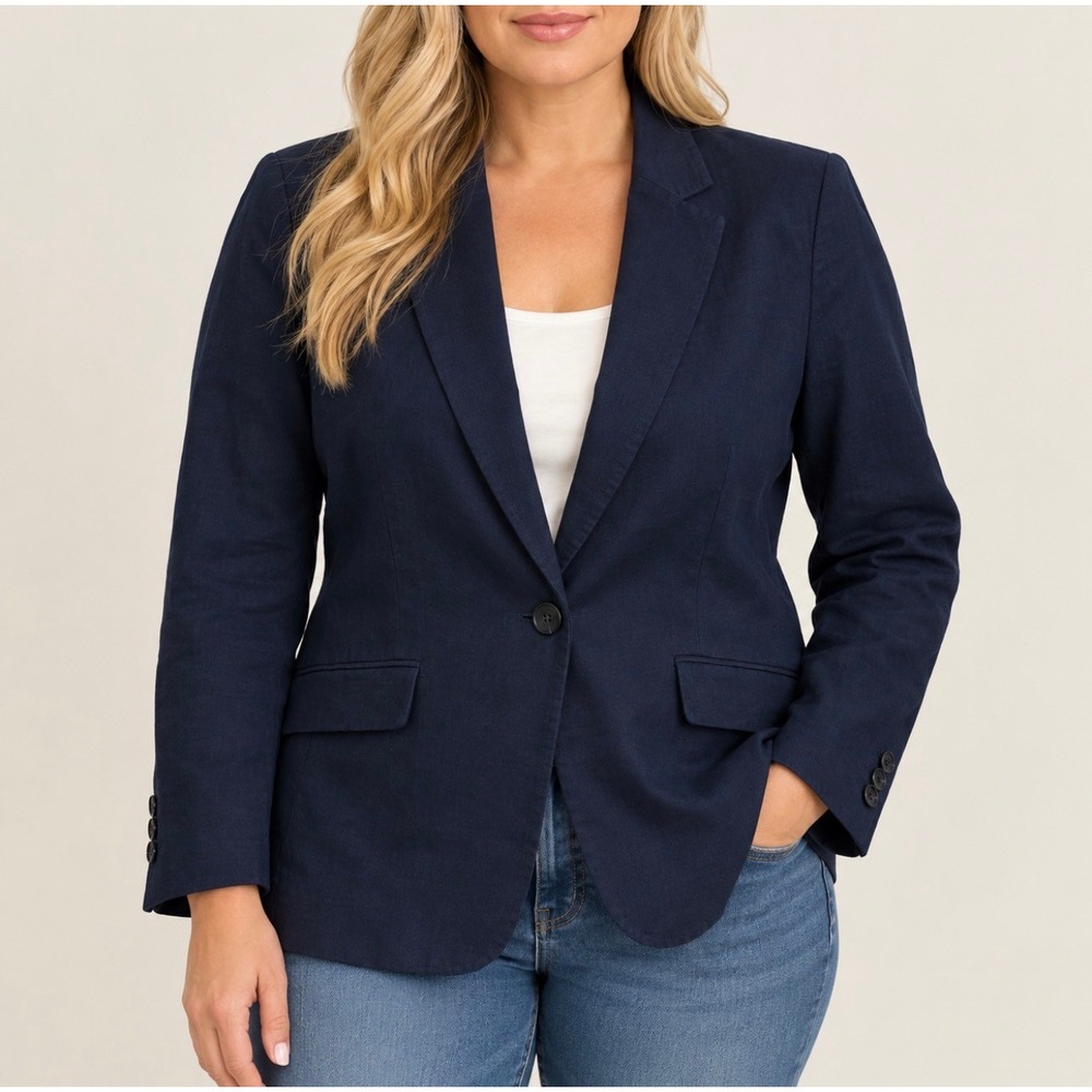 Talbots Blazer 14P Navy Blue Good 100% Linen Lined Single Button Career Jacket